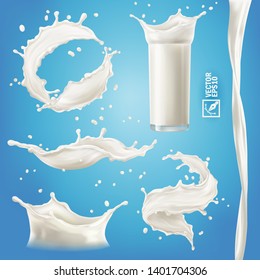 3D realistic isolated vector set, different bursts of milk, yoghurt or cream, transparent glass with a splash, flowing stream, vortex