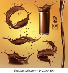 3D realistic isolated vector set, different splashes of chocolate, cocoa or coffee, a transparent glass with a splash, a flowing stream, vortex