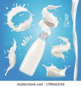 3D realistic isolated vector set, different bursts of milk, yoghurt or cream, transparent bottle with a splash, flowing stream, vortex