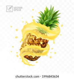 3d realistic isolated vector set of whole falling pineapple with juice splash