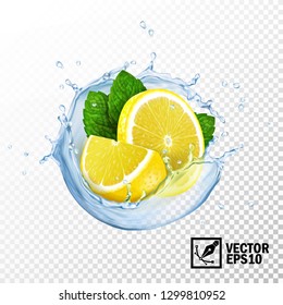 3d realistic isolated vector slices lemon and fresh mint leaves in a splash of water or tea with drops