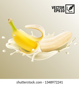 3d realistic isolated vector, splash milk or yogurt peeled banana fruit, editable handmade mesh