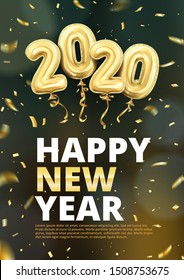 3d realistic isolated vector vertical banner, golden gel balls arranged as a number two thousand twenty, 2020, New Year's balloons with tinsel to decorate your design, christmas, ads