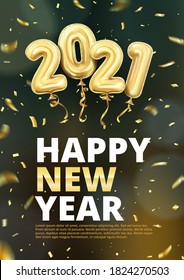 3d realistic isolated vector vertical banner, golden gel balls arranged as a number two thousand twenty one, 2021, New Year's balloons with tinsel to decorate your design, christmas, ads