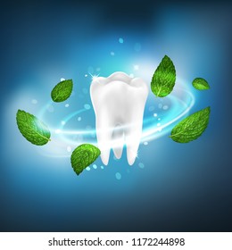 3D realistic isolated vector vortex of mint leaves around a white tooth