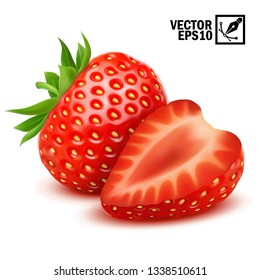 3d realistic isolated vector whole and slice of strawberry, editable handmade mesh