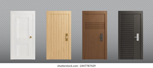 3d realistic isolated wood home front door design. Wooden inside house entrance frame set in brown and white. Lock entry apartment interior mockup. Various classic doorframe closeup asset collection