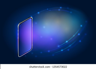 3d Realistic isometric smartphone concept. Smart phone mockup with blank touch screen on abstract background. Design element for promotion banner, poster, advertising. Copy space. Vector illustration