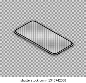 3d realistic isometric smartphone isolated on transparent background. Smart phone with blank touchscreen display. Banner template for mobile app interface design. Perspective view. Vector illustration