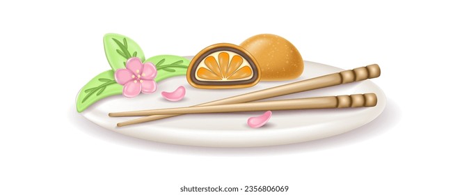 3.º postre japonés realista Daifuku Mochi con naranja en un plato. un pastel entero y medio en masa de arroz. Sirviendo un plato con flores sakuri y hashi