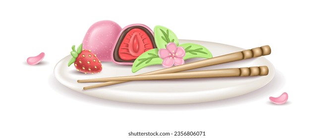 3.º postre japonés realista Daifuku Mochi con fresas en un plato. un pastel entero y medio en masa de arroz. Se sirve un plato con flores sakuri y hashi