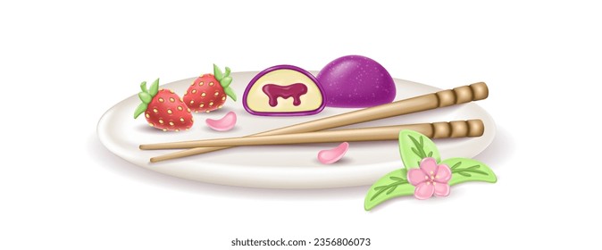 3.º postre japonés realista Daifuku Mochi con mermelada de fruta de la pasión en un plato. un pastel entero y medio en masa de arroz. Se sirve un plato con flores sakuri, fresas y hashi