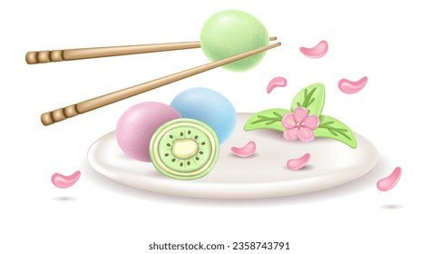 3.º postre japonés realista Daifuku Mochi con kiwi en un plato. un pastel entero y medio en masa de arroz. Sirviendo un plato con flores sakuri y hashi sosteniendo mochi