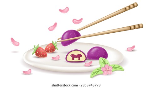 3.º postre japonés realista Daifuku Mochi con mermelada de fruta de la pasión en un plato. un pastel entero y medio en masa de arroz. Se sirve un plato con flores sakuri, fresas y hashi