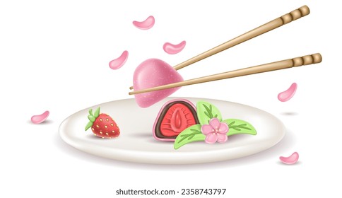 3.º postre japonés realista Daifuku Mochi con fresas en un plato. un pastel entero y medio en masa de arroz. Se sirve un plato con flores sakuri, fresas y hashi