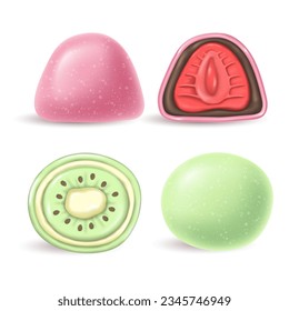 3d realistic Japanese dessert green and pink Daifuku Mochi with kiwi and strawberries. a whole and half a cake in rice dough. Asian national cuisine