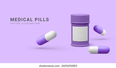 3d realistic jar with capsules pills on light background. Medical banner, advertising poster for hospital, pharmacies or pharmaceutical company. Vector illustration