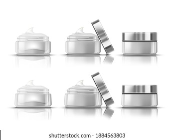 3D Realistic Jar With Moisturizing Cream. Transparent Glass, Plastic Open And Close Jar Set. EPS10 Vector