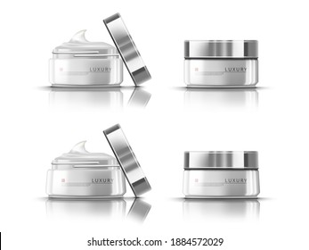 3D Realistic Jar With Moisturizing Cream. Transparent Glass, Plastic Open And Close Jar Set. EPS10 Vector