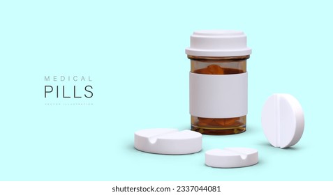 3d realistic jar with pills. Medical poster, advertising campaign for private hospital or pharmaceutical company. Vector illustration with blue background