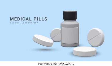 3d realistic jar with pills on blue background. Medical banner, advertising poster for hospital, pharmacies or pharmaceutical company. Vector illustration