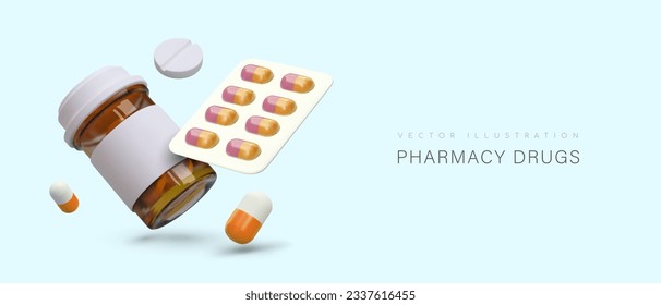 3d realistic jar, round pills and medicine in capsules. Concept of pharmacy drugs. Medical web poster with place for text. Prescribing medications. Vector illustration with blue background