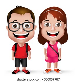 3D Realistic Kids School Boy and Girl Student Wearing Casual with Backpack and Eyeglass Isolated in White Background. Vector Illustration