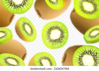 3D realistic kiwi background. Ripe kiwi fruit in motion. Flying defocusing kiwi fruits. Falling kiwi are whole and cut in half. Vector illustration, isolated on transparent background.