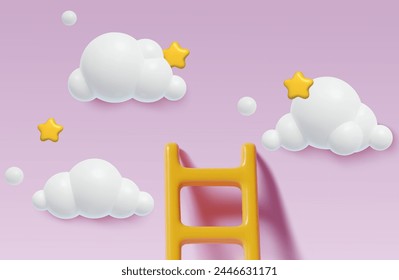 3D realistic ladder on pink sky with clouds and stars. Minimal cute baby girl background in three dimensional toy style. Vector illustration.