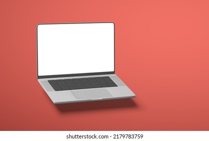 3D-realistischer Laptop mit rotem Hintergrund. Vektorgrafik.
