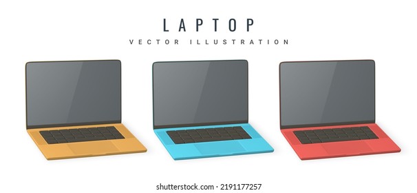 3d portátil realista con pantalla en blanco sobre fondo claro. Ilustración vectorial.