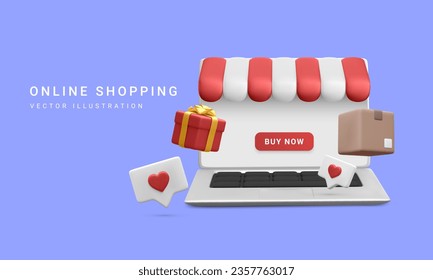 3d realistic laptop, carton box and gift box in cartoon style on white background. Online shopping design. Concept of quick and easy search and purchase of products. Vector illustration