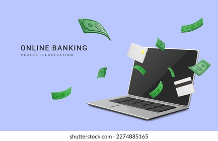 3d portátil realista con moneda de papel verde y tarjeta de crédito en caída. Aplicación bancaria en línea y pago electrónico. Tarjeta de crédito para pago en línea o compras. Ilustración del vector