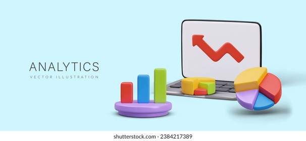 3d realistic laptop, histogram, pie chart and red arrow. Concept of business elements with shadow, business and analytics. Vector illustration in 3d style and place for text