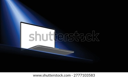 3D Realistic Laptop Mockup with Blank Screen on Dark Blue Spotlight Background, Modern Notebook Computer Display Template Vector Illustration