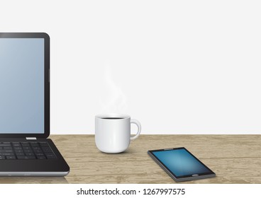 3d realistic laptop notebook computer on vintage wooden desk with mobile phone and hot coffee cup vector illustration