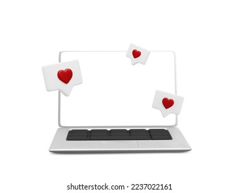 3d realistic laptop with social media likes flying around the device. Online social concept with laptop in cartoon style. Vector illustration 