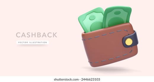 3d realistic leather wallet with shadow isolated on light background. Vector illustration