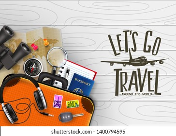 3D Realistic Let's Go Travel Around The World Creative Banner with Travelling Item such as Binoculars, Map, Compass, Magnifying Glass and Sunglasses