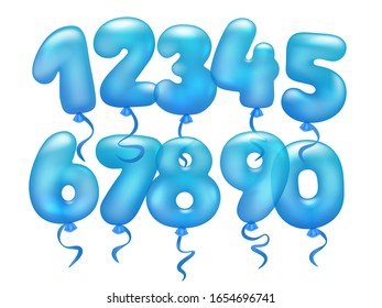 3d realistic letter balloons set. From 1 to 9 numeral alphabeth. Elements to decorate birthday card for boys. Vector collection