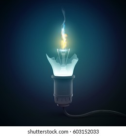 3d realistic light bulb concept with broken bulb and fire from there vector illustration