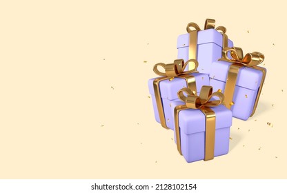 3D realistic light purple gift boxes with golden bow and confetti. Paper boxes with ribbon isolated on light background. Vector illustration.
