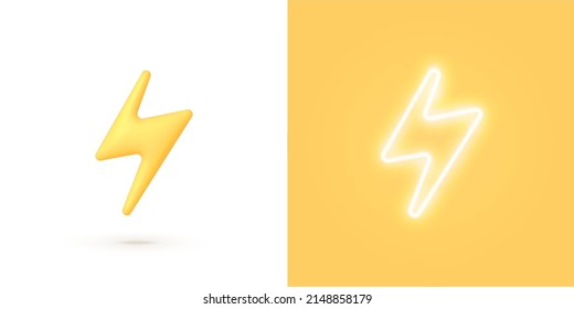 3d realistic lightning bolt vector illustration. Bolt neon on light background. Realistic 3d symbol design. Vector isolated illustration