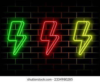 3D realistic lightning vector illustration. Bolt neon on light background. Realistic 3d symbol design. Isolated vector illustration. green, red, yellow, pink, blue, orange... green, red, yellow, pink,