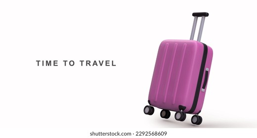 3D realistic lilac travel trolley bag on white background. Vector illustration.