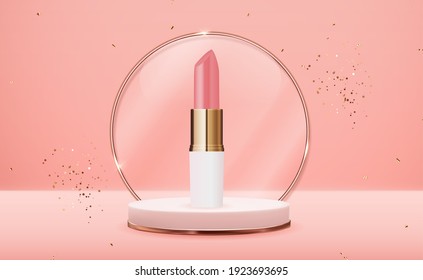 3D Realistic Lipstick on Pink Podium with Glass Frame Design Template of Fashion Cosmetics Product  for Ads, flyer, banner or Magazine Background. Vector Iillustration EPS10