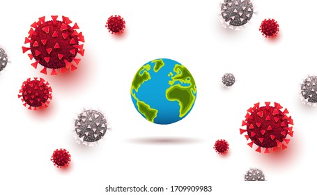 3D realistic liquid coronavirus cells with world map on a white background. Corona virus or covid 19 concept