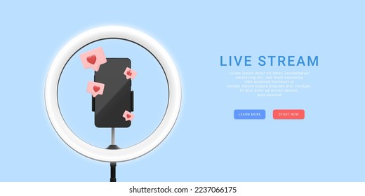 3d realistic live stream concept. Phone on tripod with light bulb and social icons. Vector illustration