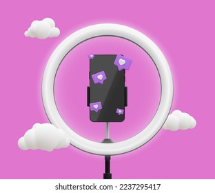 3d realistic live stream concept. Phone on tripod with light bulb, clouds and social icons. Vector illustration