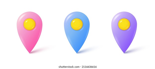3d realistic location pin. Pink, blue and purple gps pointer marker icon